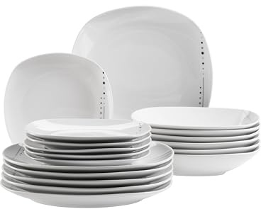 Mäser Fadilla - Juego de platos para 4 personas con diseño de puntos reducidos (18 piezas, con platos planos, platos hondos y platos de postre, porcelana), color blanco