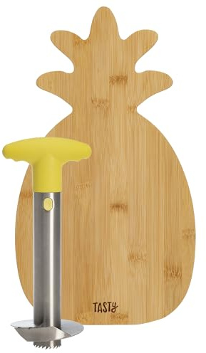 Tasty Pineapple Slicer and Bamboo Board Set, Cores and Slices Pineapples, Set Includes Renewable Bamboo Pineapple Shaped Cutting Board and Stainless Steel Slicer with Nonslip Handle, 2-Piece Set