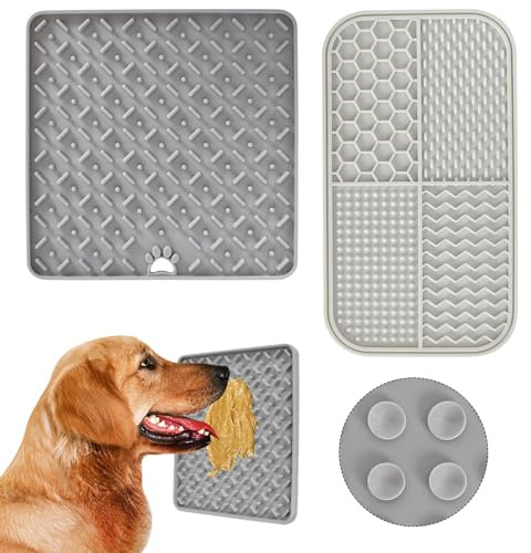 Tapis de Lèche Chien, 2 Pièces Tapis de Lechage pour Chat sans BPA, Base antidérapante à Ventouse, Ventouses Extra Fortes pour Le Bain, l'entraînement, Le Toilettage et l'entretien des Griffes - Gris