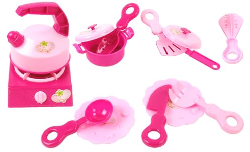 FLYPOP'S - Dinette Herd mit Besteck - Rollenspiel - 033631 - Rosa - Kunststoff - Küche - Kinderspielzeug - Geschenk - Wasserkocher - Tee - Ab 3 Jahren