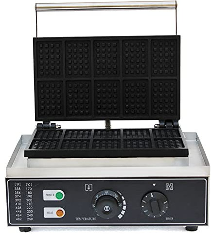 PUDLOR Piastra per waffle 10 cialde quadrate Bruxelles 1500 W, piastra per waffle belga, temperatura regolabile da 50 a 300 °C, adatta per panetterie, ristoranti, commissaries mense