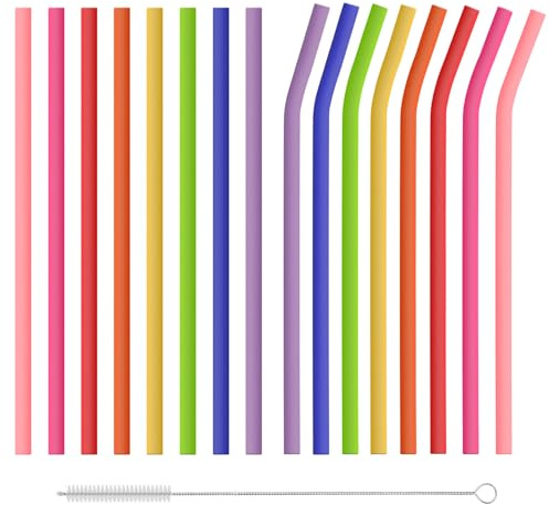 Coptiner 16 Stück Silikon Strohhalme Wiederverwendbar,21.5cm Farbiges Trinkhalm Set für 30oz 20oz Becher Smoothies Milchshakes,Flexibel Leicht zu Reinigen Trinkhalme,(8 gerade,8 Gebogene,1 Bürsten)