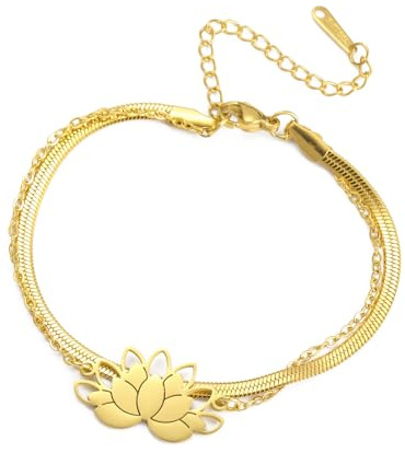 kkjoy Double Couche de Lotus Bracelet en Acier Inoxydable - Fleur de Lotus et Symbole de Yoga, Chaîne Croisée et Os de Serpent - Bijoux d'Inspiration pour Femmes Charmantes