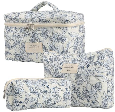 3 Stück Gesteppte Kosmetiktasche mit Blumenmuster, Reise Kosmetiktasche, Blumen Make up Tasche, Groß Fassungsvermögen Baumwolle Kulturtasche Makeup Kulturbeutel Organizer Tasche, für Damen