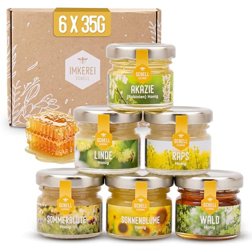 Imkerei Schell - Honig Geschenkset (6x35 g) Die Traditionellen - Honigset ideal zum Verschenken oder Probieren - Mini Honiggläser gefüllt mit Akazienhonig, Lindenhonig, Waldhonig