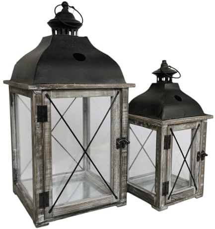 Holzlaternen 2er Set 49cm groß Laterne Holz braun Metalldach und Tür