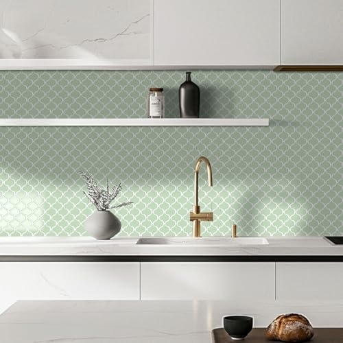 Alwayspon 10 Sheet 10x10inch Sage Green Lantern 3D Vinyl Marble Tile Sticker Transfers, Peel and Stick Self-adhesive Waterproof Blacksplash Stick on Tile Decals for Kitchen Bathroom Wall