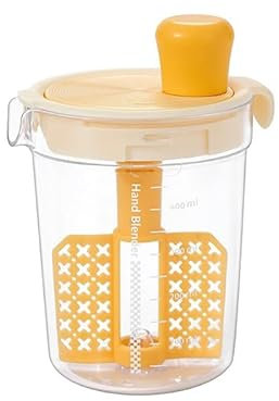 Googooluck Manual Hand Blender with Measuring Cup, Mixing Cups with Scale Hand Shank Sauce Mixer Seasoning Hand Held Whisk (Yellow)