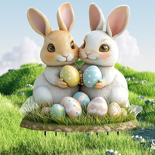 Pipihome Pâques Signes de Cour DéCorations D'ExtéRieur Lapin avec Piquets, Decoration Paques, de Lapins de Pâques，Jardin Décoration Fleur Rétro pour Jardin Terrasse Balcon (B)