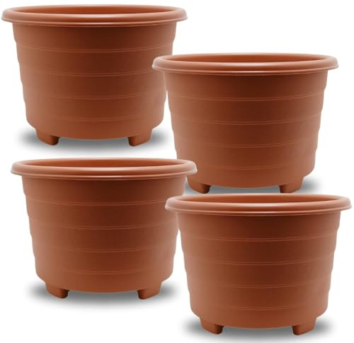 SIDSONS Large Terracotta Planter 32cm - Plastic Plant Pots, Indoor Flower Pot, Outdoor Garden Patio Planters, Marked Drainage Hole, Round Planter With Feet, Herb Plant Container (4, 32cm Terracotta)
