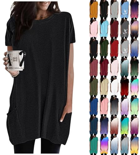 Longshirt Damen Oversized Sommer Tshirt Kurzarm Rundhals mit Tasche Lang Tunika T Shirt Longtops Einfarbig Elegant Longbluse Damen Lässige für Leggings Locker Pullover