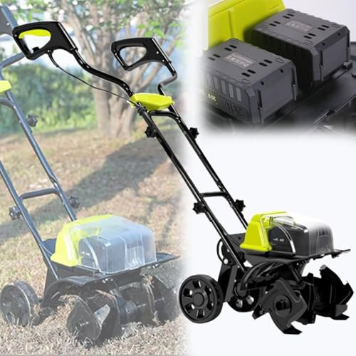 Cordless Electric Tiller W/Wheels, Tilling Width 36cm/14.2in and Tilling Depth 18cm/7.1in, 4ah Battery Charger Included, Electric Hoe Powerful Garden Soil Electric Hoe