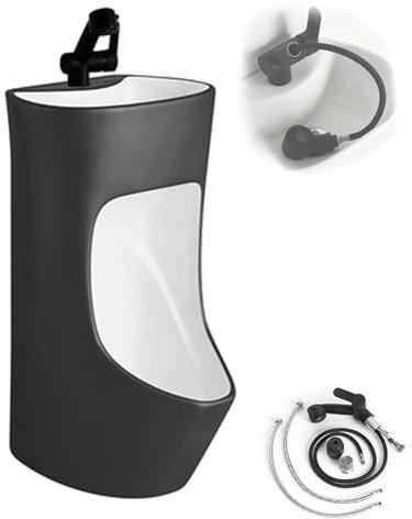 JINGSHIQIAOPL Urinale für Männer, mit Waschbecken und Wasserhahn, Wandmontierte Keramik Urinale Mit Schwarzem, Ausziehbarem Wasserhahn, für Bars, Hotels, Öffentliche Toiletten(Black)