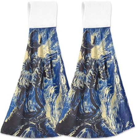 EtherSpher Western Cowboy Wild West Decorative Hand Towels for Bathroom Loop Child washcloths White Dish Rags 2 Pcs