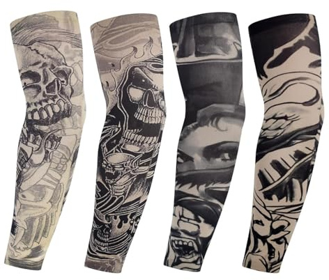MaoNativey 4 Manchons Tatouage Temporaire pour Hommes & Femmes - Faux Tatouage Bras Manches UV Protection - Pour Sport, Cosplay, Fêtes - Couvre-Tatouage Nylon Lavable,A