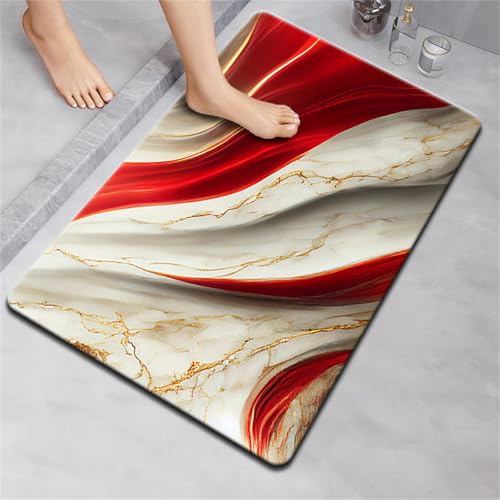 Hixingo Kieselgur Badematte rutschfeste 3D Marmor Drucke Badvorleger Absorbierender Badezimmerteppich, Waschbar Schnelltrocknende Bodenmatte für Dusche, Badewannen (Rot,80x120cm)