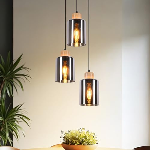 Kowanie Pendelleuchte esstisch Holz Hängelampe: Esszimmerlampe Vintage E27 | Esstischlampe hängend Küchenlampe Hängeleuchte Höhenverstellbar aus Glas Pendellampe für Küche Esszimmer- Ohne Leuhctmittel