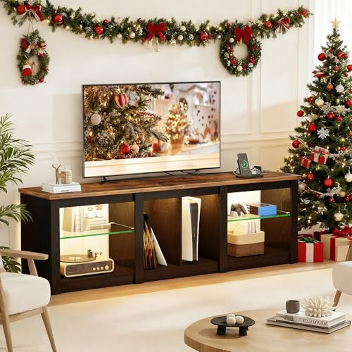 TV Schrank, Lowboard mit Steckdosen und LED-Leuchten, 160×35×50cm, Fernsehschrank mit Abnehmbare Glasablage, Offenen Stauraum, für Wohnzimmer, Schlafzimmer, Schwarz