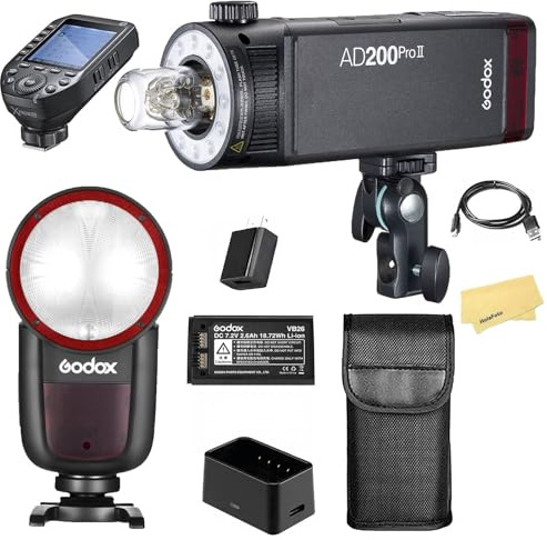 Godox V1 V1-N V1N Round Head Camera Flash with Godox AD200Pro II+XProII-N Trigger for Nikon Camera,480 Full Power Shots,1.5s Recycle Time,2600mAh Li-ion Battery,10 Levels LED Modeling Lamp