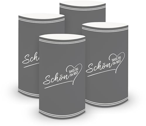 itenga 6X Windlicht Tischlicht „Schön, DASS du da bist“ V2 – Ø 6 cm x H 10 cm – aus Stabiler lichtdurchlässiger Folie – 13 Farben – Tischdeko für Hochzeit, Taufe, Geburtstag, Feier (grau)