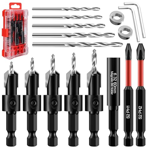 Adjustable Countersink Drill Bit Set with Depth Stop for Woodworking, 1/4 Hex Shank, 5 Sizes 2.5/2.8/3/3.2/3.5mm, Tungsten Carbide Cutting Edge, Spare Pilot Bits with Accessories