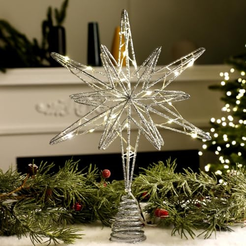 Christbaumspitze Stern, LED Weihnachtsdeko Tannenbaum Spitze, Batteriebetriebene, Weihnachtsbaumspitze Stern, Christmas Tree Topper, Weihnachtsstern Baumspitze für Weihnachten Deko (Silber)