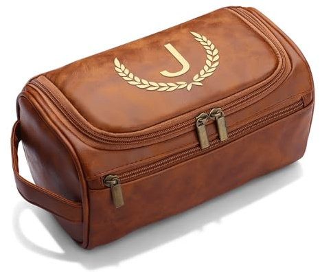 CGFN Trousse de toilette pour homme, cadeaux personnalisés pour homme, trousse de toilette personnalisée en cuir synthétique avec initiale à suspendre, cadeau de Noël ou d'anniversaire, marron clair