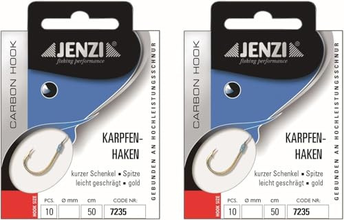 Set: 2 Packungen gebundene Karpfenhaken von Jenzi, Allroundhaken, Karpfen Gold (20 Stück) Hakengröße 2, 4, 6 & 8 an Mono, Vorfach fertig + gratis Petri Heil! Aufkleber