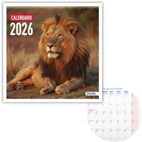 Dohe - Calendrier Mural 2026-12 Mois, Vue Mensuelle, 30x30 cm, Espagnol, Reliure Agrafée, Espace Notes, Planification Annuelle, Papier 120 g/m² - Faune Sauvage