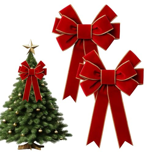 QhgPnt 2Pcs Red Velvet Christmas Tree Bows, 12”x20” Large, For Trees, Wreaths, Doors, Wedding, Birthday Parties