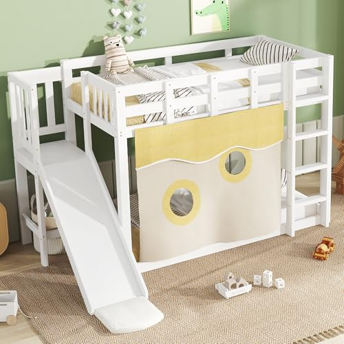 NuvlaGu Lit superposé, 90 x 200 cm, pour enfants, en bois, avec escalier, toboggan, rideau de lit et protection anti-chute, en MDF et pin, avec clôture et grillage, lit de jeu, peu encombrant, blanc