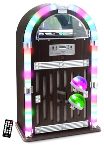 BM SONIC Chaîne HiFi Jukebox Retro Bar PUB Vintage 87,5cm de Hauteur - 60W avec Tourne Disque Vinyle Bluetooth CD FM, 2 Boules Disco LED