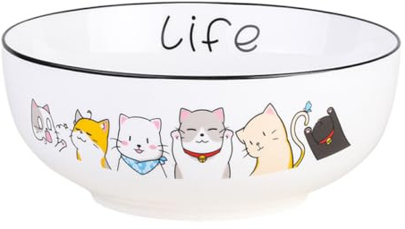 UKCOCO Ciotola Giapponese in Ceramica con Disegno Gatto Cartoon Scodella per Zuppe Noodles e Insalate Resistente e Sicura per Adulti