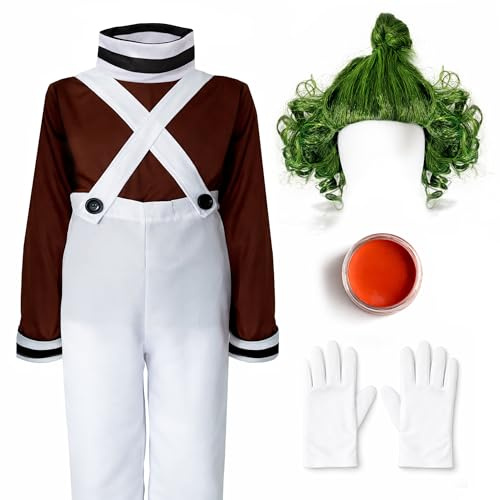 Childrens Kids Factory Worker Complete 5 Piece Set Fancy Dress Costume includes Top, Dungarees, Green Wig, Orange Make Up and White Gloves World Book Day (Large (10-12 years))