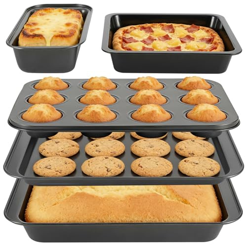 Baking Tray Set, 5 PCS Non-Stick Carbon Steel Bakeware for Oven | Includes loaf tin, cake pan, 12-cup muffin tray, roasting pan and cookie sheet with stackable easy-release design