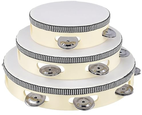 HONYUET 3-teilig Tambourin Set, 25/20/15cm Handperkussion Naturfarbe Holz mit Edelstahl-Schellen, für Musik, Tanz und Kirche