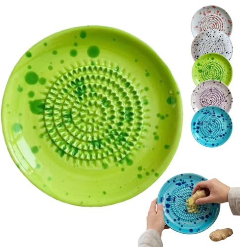 Plato rallador de cerámica, diseño hecho a mano, placa de molienda multiusos para jengibre, ajo, especias, frutas, plato de cocina de mano con boquilla (verde)