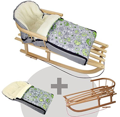 BAMBINIWELT Kombi-Angebot Holz-Schlitten mit Rückenlehne & Zugseil + universaler Winterfußsack (90cm), auch geeignet für Babyschale, Kinderwagen, Buggy, aus Wolle im Eulendesign (Motiv $11)