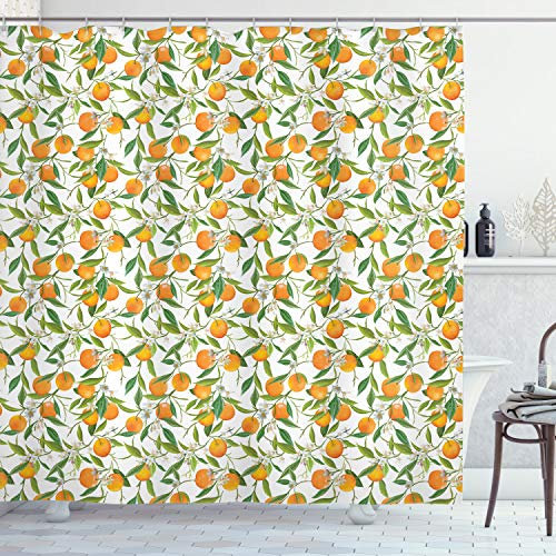 ABAKUHAUS grün orange Duschvorhang, Orange AST, Stoffliches Gewebe Badezimmerdekorationsset mit Haken, 175 x 200 cm, Orange Grün Gelb