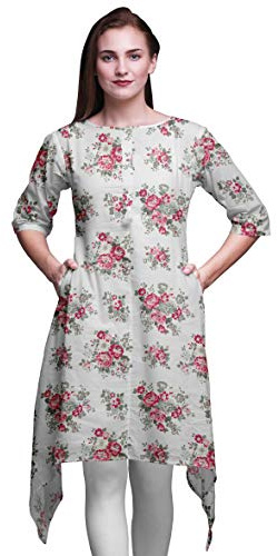 Bimba White Leaves & Begonia Floral Printed Asymmetrical Kurti Tops for Women Indian Summer Dress Tunic Large