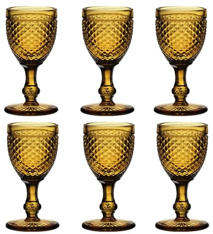 EME Set Copas Cristal Color Ámbar Tallado en picos de Color. Juego de Copas ideales para Eventos y Decoración. Incluye 6 unidades. Cristal Tallado Resistente.