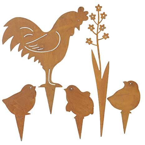 Storm's Gartenzaubereien Gartenstecker Hühnerfamilie 5er Set- Osterdeko Huhn mit Küken - Rostoptik - Stecker für Innen - Außen - Hahn, Hühner, Küken, Blume - Frühlingsdeko Metall