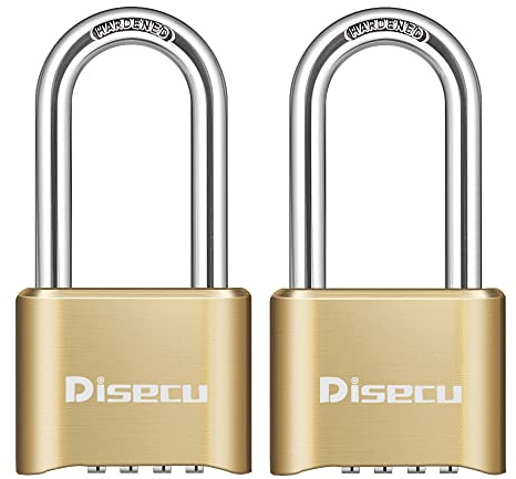 Disecu Heavy Duty 4 Digit Combination Lock 2.5 Inch Long Shackle Outdoor Waterproof Padlock for School Gym Locker, Fence, Gate, Case, Hasp Storage (Brass, 2 Pack)