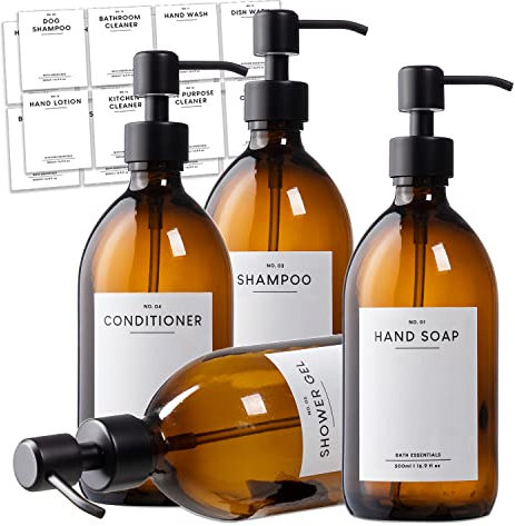 MONOKO 4er Set Seifenspender Glas - Spülmittelspender Küche - Shampoo Flaschen zum Befüllen - Duschgel Spender 500ml + Edelstahl Pumpkopf + Aufkleber