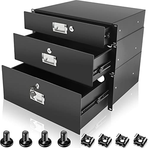 3 Stück 2U, 3U, 4U Rack Mount Schublade 19 Zoll Server Schrank Fall Schublade Metall DJ Verriegelbar Tiefe Schublade Racks Schublade mit Schlüssel für Gehäuse Server Rack Schrank, Schwarz