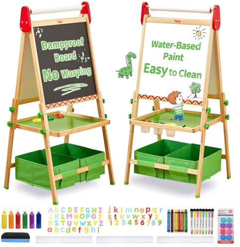 FUNLIO Staffelei Kinder von 3–8 Jahren, Anti-Warp-Board und Löschbarer Rahmen, Kindertafel mit Kreide und Magnet/Whiteboard, 3-fach höhenverstellbar, All-in-One staffeleien mit Papierrolle, Grün