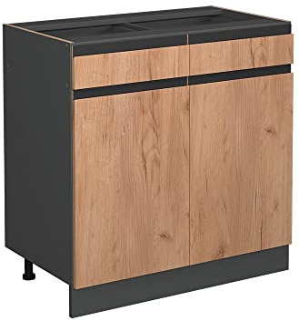 Vicco Küchenunterschrank R-Line, Goldkraft Eiche, 80 cm | 2 Schubladen · Ohne Arbeitsplatte · Höhenverstellbare Füße · 2 Türen · ✓ Leichter Zugriff