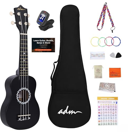 ADM Ukelele Soprano Kit 21 Pulgadas, Ukelele para Principiante Adulto con Bolso Correa Afinador, cuerdas arcoíris, mapa de acordes, correa colorida, púas, Ferroso
