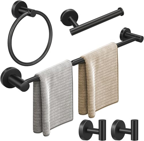 Juego de Accesorios de baño, Barra retráctil de Toalla de Mano de 24 Pulgadas con Soportes para Papel higiénico, Anillo de Toalla, 2 Ganchos multifuncionales para Bata (5 Unidades, Negro Mate, Barra