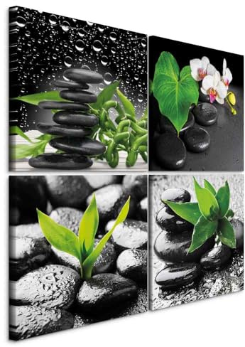 B&D XXL - Ensemble de 4 tableaux d'art décoratif 80x80 cm - Tableau acoustique panneau insonorisant impression sur toile décoration - Pierres zen noires et orchidées p-B-10004-b-a